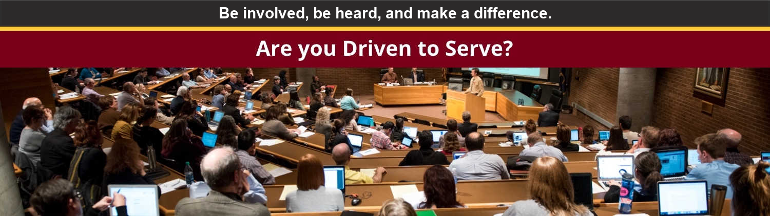 Photo of a senate meeting. Above text reads "Be involved, be heard, make a difference. Are you Drive to Serve?"