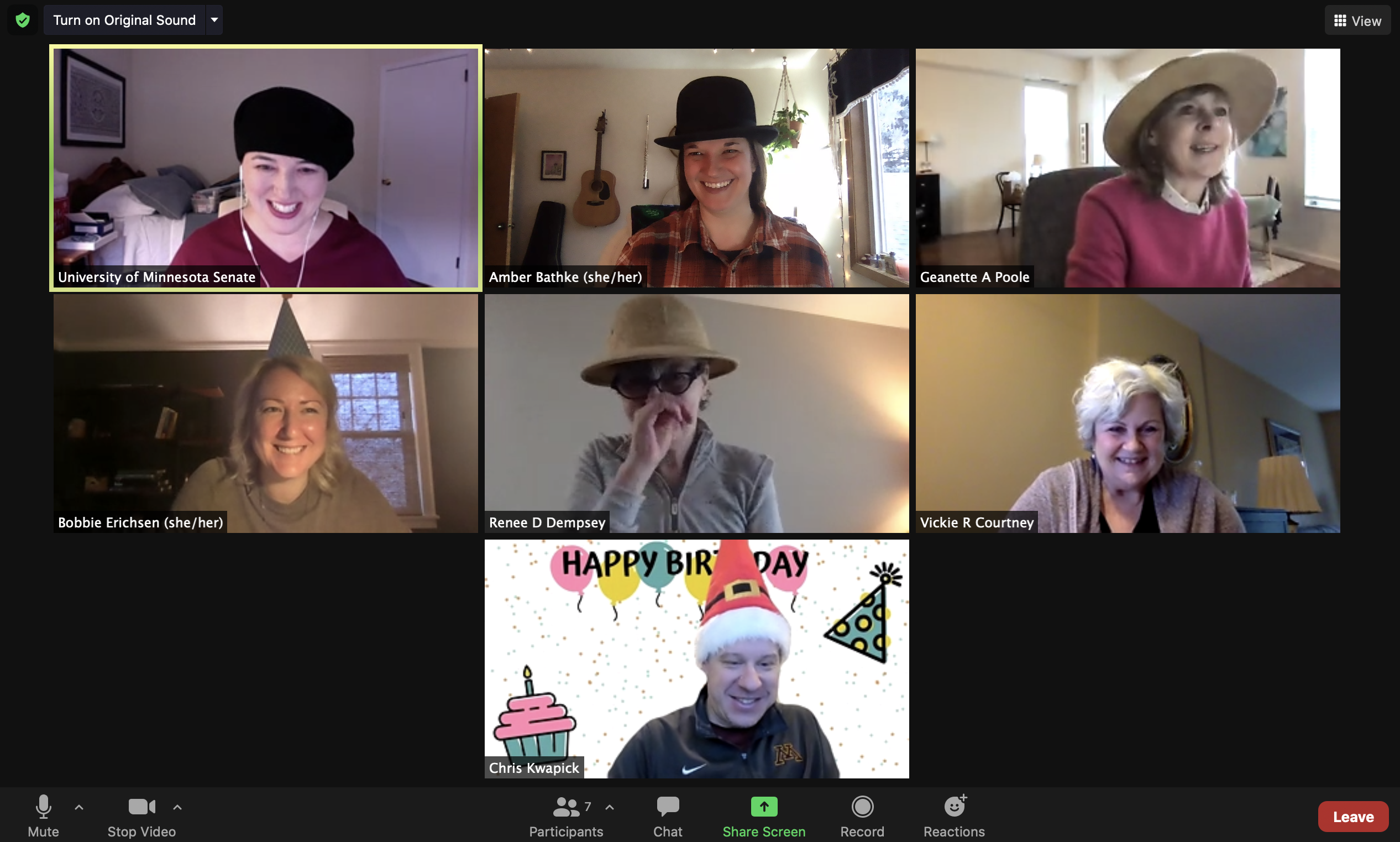 The 7 Senate Office staff members each in their own frame in a Zoom meeting. Each staff member is wearing a silly hat, and one has a background that reads \