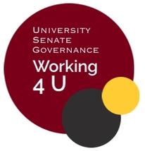 "University Senate Governance Working 4 U" in white text inside a maroon circle. Smaller gray and gold circles are in the corner.