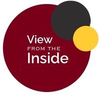 "View from the Inside" in white text inside a maroon circle. Smaller gray and gold circles are in the corner.