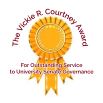 An image of a gold award ribbon on a white background. Maroon text reading "The Vickie R. Courtney Award for Outstanding Service to University Senate Governance."