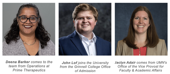 Photos of new staff, from left to right: Deena Barker, John Lof, and Jaclyn Adair.